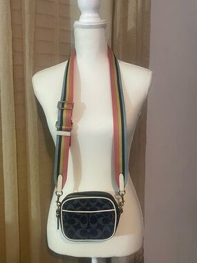 Coach Navy Signature Camera Crossbody with Rainbow Stripe Strap